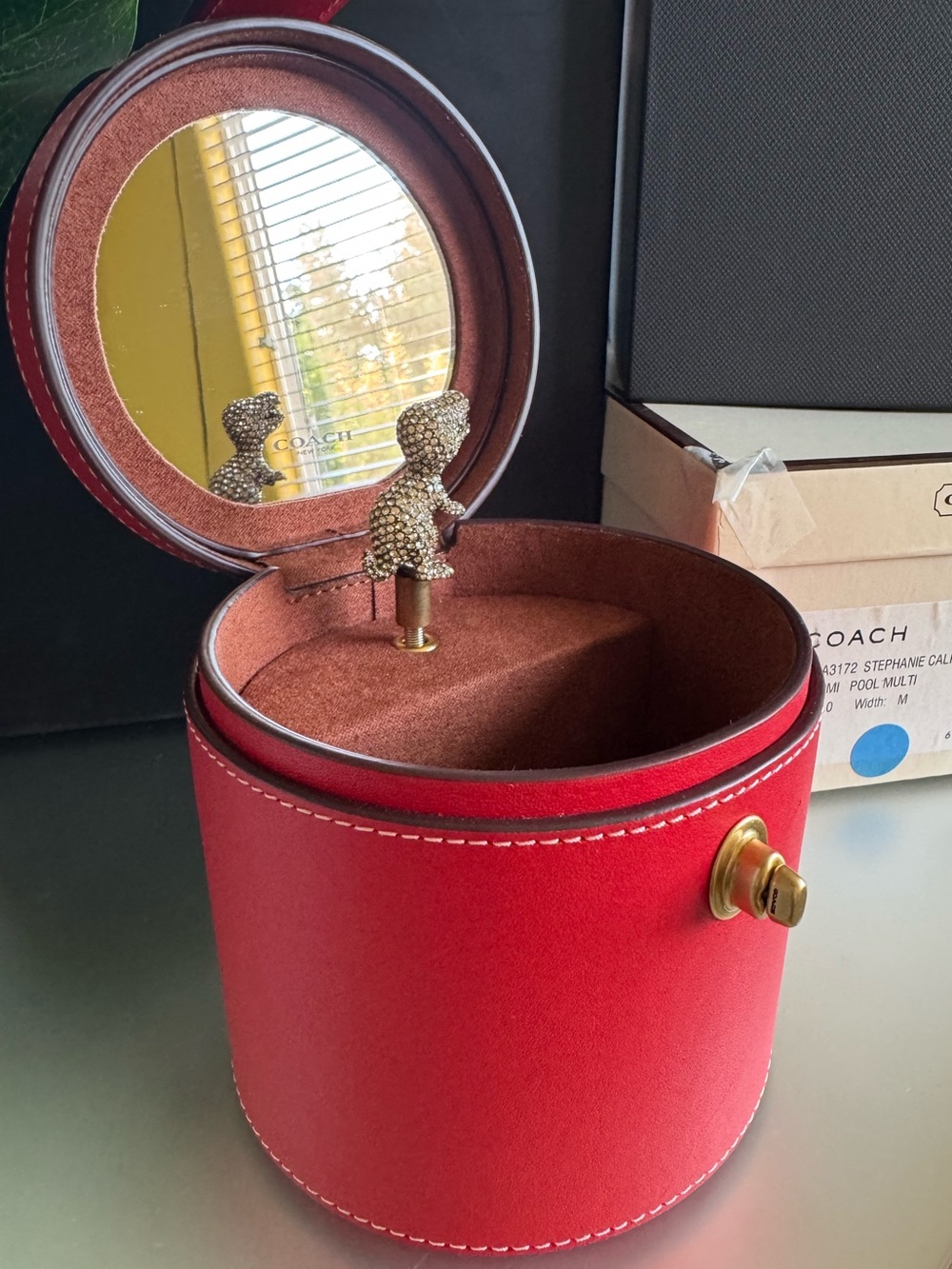 Coach Rexy Red Round Leather Jewelry Case with Crystal Charm- like new!!